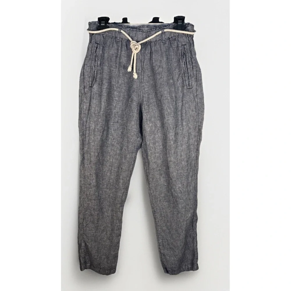 C&C California Cargo Pants Womens M Blue 100% Linen Pull Nautical Rope Tie Beach